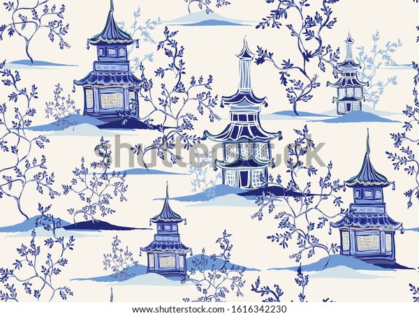 Beautiful vintage ink chinese pagodas,\
mountains, trees in chinoiserie style for fabric, interior design.\
Hand drawn landscape vector seamless\
pattern.\
