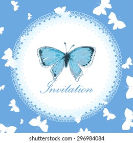 Beautiful vintage invitation card with blue copper-butterfly on the blue background with butterfly. Vintage vector illustration