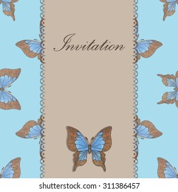 Beautiful vintage invitation card with blue copper-butterfly on the blue background. Vintage vector illustration