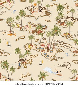 Schönes Vintage Island Tropical Beach nahtloses Muster, Palm Island, Kokosnuss, Surfen  