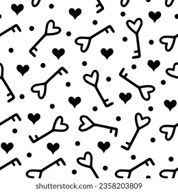 Beautiful vintage key with hearts and polka dots seamless vector pattern. Symbol of love, romance, wedding. Simple silhouette, doodle. Black and white holiday background for wallpaper, packaging, web