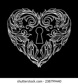 Beautiful vintage keyhole in the form of heart with swirls on a black background in the style of boho