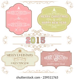 Beautiful vintage label, sticker or tag decorated by floral design and ornaments for Merry Christmas and Happy New Year 2015 celebration.