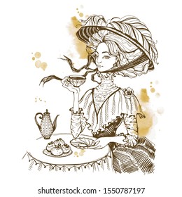 Beautiful vintage lady. Tea party. Girl in a hat drinking tea. Engraving. Graphics. Brown. Vector