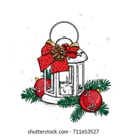 Beautiful vintage lantern with a candle. Lovely bullfinches. Vector illustration. Festive postcard. New Year's and Christmas. A bow and a bump.