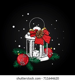 Beautiful vintage lantern with a candle. Vector illustration. Festive postcard. New Year's and Christmas. A bow and a bump.