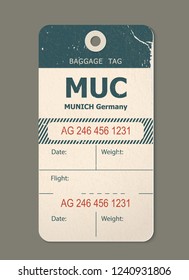 Beautiful vintage luggage tag, vintage retro travel label. Check, baggage ticket for passengers at the airport. Bus, train, airline trip. Munich germany, country label. Vector illustration isolated.