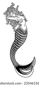 Beautiful vintage mermaid. Vector illustration in engraving technique of fantasy mermaid in traditional ink style. 