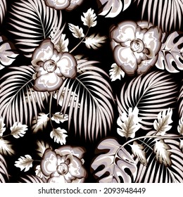 beautiful vintage monochromatic color style coconut leaves seamless pattern with tropical monstera plants foliage and abstract flowers on night background. Floral background. print texture. Summer 