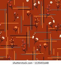 Beautiful vintage mood Seamless pattern delicate meadow many kind of  flowers vector with check or grid check for fashion ,wallpaper ,book ETC on stylish brown background