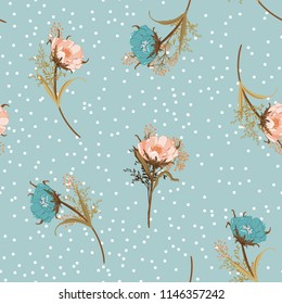 Beautiful vintage pastel Blowing garden flowers seamless pattern vector with scattered white polka dots on retro sky blue background for fashion,fabric and all prints 