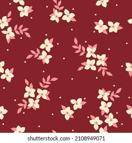 Beautiful vintage pattern. White flowers and dots. Rose leaves. Maroon background. Floral seamless background. An elegant template for fashionable prints.
