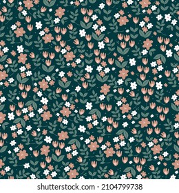 Beautiful vintage pattern. White 
 and pink flowers , green leaves . Dark green background. Floral seamless background. An elegant template for fashionable prints.