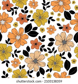 Beautiful vintage pattern. Yellow and orange flowers , black leaves . White background. Floral seamless background. An elegant template for fashionable prints.
