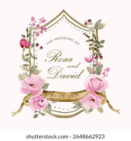 beautiful vintage pink floral garden watercolor wedding crest