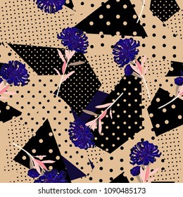 Beautiful vintage Polka dots pattern mix in different size of circle on top with  oriental blooming  flowers seamless pattern vector for fashion fabric and all prints on brown background.
