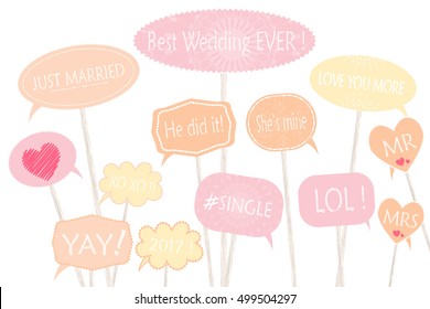 Beautiful  Vintage Props for photos on weddings featuring cute and funny phrases isolated on white background.