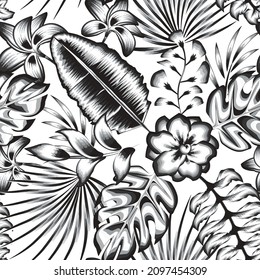 beautiful vintage rainforest tropical plants leaves seamless pattern fashionable with abstract monochromatic jasmine flower and banana monstera plant foliage on white background. Summer print design