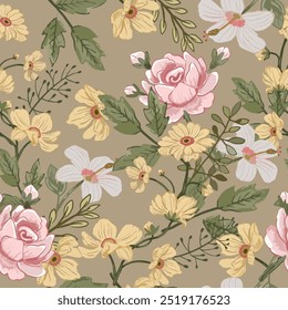 Beautiful vintage retro flower on brown background seamless pattern