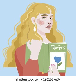 beautiful vintage retro girl with atlas of plants and flowers