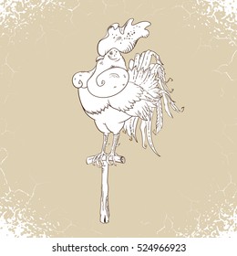 Beautiful vintage rooster sketch, cock sitting on perch, 2017 new year symbol, vector illustration isolated