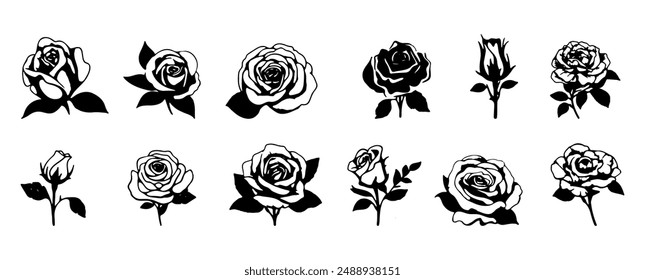 Beautiful vintage rose black silhouette. Black outline flowers clipart. Vector linocut illustration.