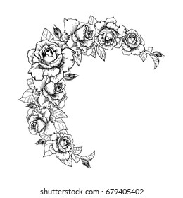 Beautiful vintage rose vignette. Hand drawn isolated black and white vector illustration in engraved style.