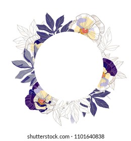 Beautiful vintage round floral frame background. Bouquets of leafs and violets