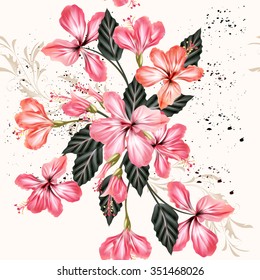 Beautiful vintage seamless background with pink hibiscus flowers in grunge style