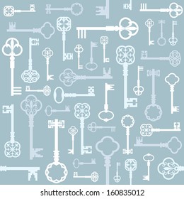 Beautiful vintage seamless background with retro keys silhouette in pastel blue colors. Can be used for wedding design or scrap booking.