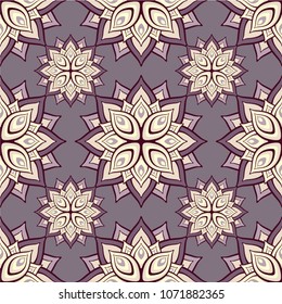 Beautiful vintage seamless background . Vector illustration with floral elements in lilac colour. Template for fabric, textile, wrapping paper, wallpaper and packaging.