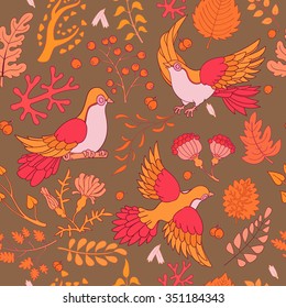 beautiful vintage seamless pattern with birds and herbs on brown. Perfect for print fabric and web