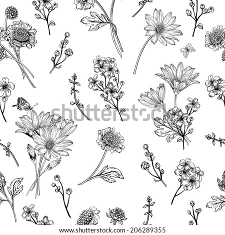Beautiful vintage seamless pattern with blue flowers on a white background. Garden asters, chrysanthemums, daisies. Vector illustration. Black and white.