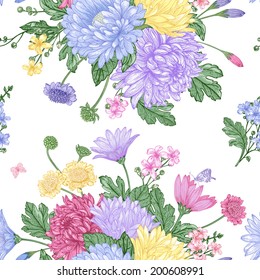 Beautiful vintage seamless pattern with bouquets of flowers. Garden asters, chrysanthemums, daisies. Vector illustration.