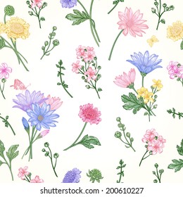 Beautiful vintage seamless pattern with bouquets of flowers on a white background. Garden asters, chrysanthemums, daisies. Vector illustration.