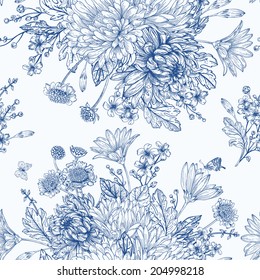 Beautiful vintage seamless pattern with  bouquets of blue flowers. Garden asters, chrysanthemums, daisies. Vector monochrome illustration.