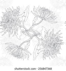 Beautiful vintage seamless pattern with bouquets of red flowers. Garden asters, chrysanthemums, daisies. Vector monochrome illustration.