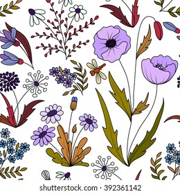 Beautiful vintage seamless pattern with colorful wild spring flowers on a white background. Wild spring poppy, daisy, dandelion, forget-me. Vector illustration. Violet lilac green background.