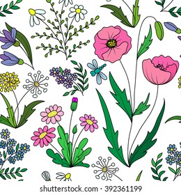Beautiful vintage seamless pattern with colorful wild spring flowers on a white background. Wild spring poppy, daisy, dandelion, forget-me. Vector illustration. Pink green yellow white blue.