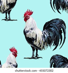 Beautiful Vintage Seamless Pattern With Farm Animal Rooster. Perfect For Wallpapers, Web Page Backgrounds, Surface Textures, Textile.