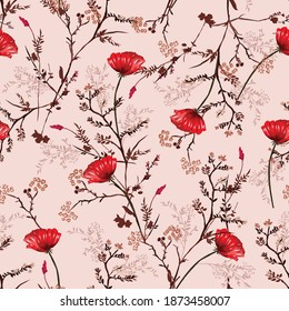 Hermosa vintage Seamless Pattern, flores de amapola rojas florecientes y decoración botánica Textura. Estilo de época.Diseño para moda, tela, papel de pared, cubierta, web , envoltura 