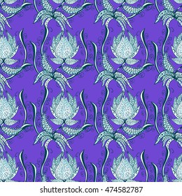 Beautiful vintage seamless pattern with light blue flowers on lilac and blue background.
