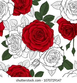 beautiful vintage seamless pattern and red  black   white roses  design greeting card   invitation the wedding  birthday  Valentine s Day  mother s day   other holiday