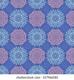 Beautiful vintage seamless pattern with tracery ornaments in pink and blue colors