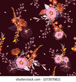 Beautiful vintage seamless vector floral pattern,Colorful background with tropical flowers, palm leaves, jungle leaf, hibiscus, forest  paradise flower hand drawing in Hawaiian style on dark purple.