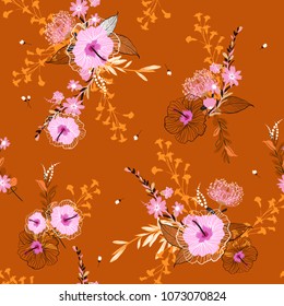 Beautiful vintage seamless vector floral pattern,Colorful background with tropical flowers, palm leaves, jungle leaf, hibiscus, forest  paradise flower hand drawing in Hawaiian style on orange