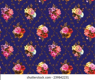Beautiful vintage seamless vector pattern with bouquets of flowers on a dark blue background 