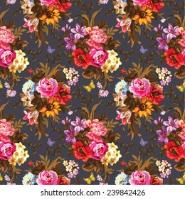 Beautiful vintage seamless vector pattern with bouquets of flowers on a grey background
