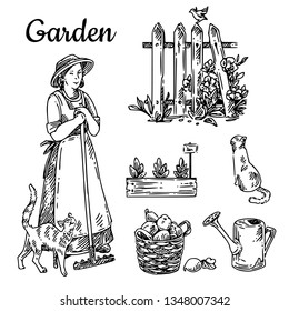 Beautiful vintage set of garden. Gardener with rake and cat, wooden fence with little bird, box with seedling, basket with vegetables and watering. Sketch. Engraving style. Vector illustration.