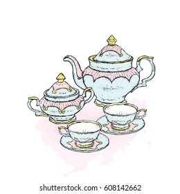 Beautiful vintage set of porcelain. A cup, a kettle and a sugar bowl. Vector illustration for a postcard or a poster.